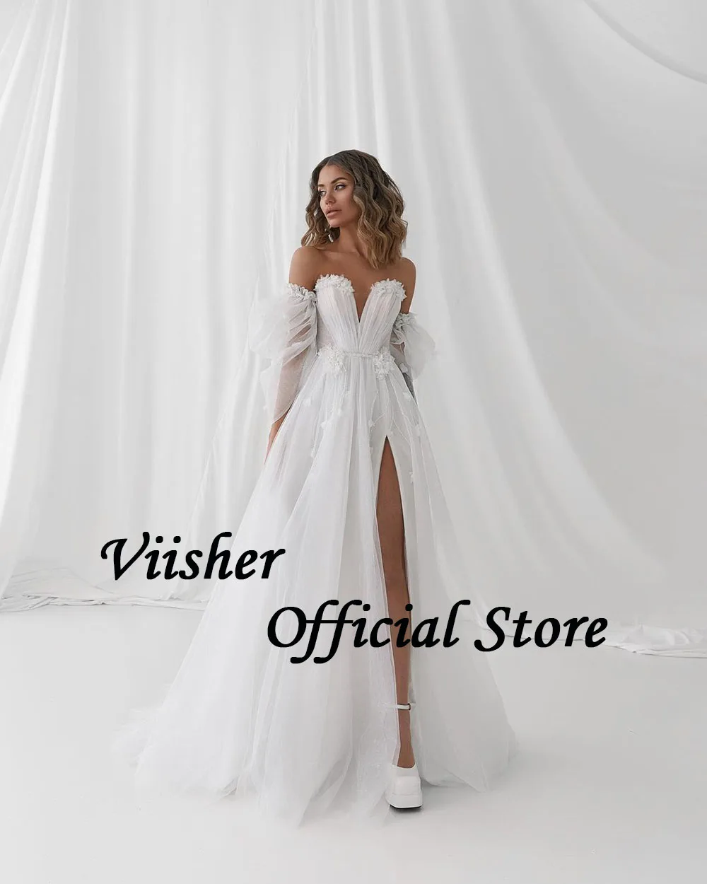 Viisher-Vestidos De Noiva De Tule Branco, Flores 3D, Perna Dividida, Vestido De Noiva Boho, A Linha, Fora Do Ombro, Vestidos De Noiva Da Praia, Querida