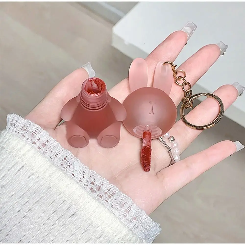 Long Lasting Kawaii Rabbit Lip Gloss Cute Pink Liquid Lipstick Blush Waterproof Lip Glaze with Keychain Makeup Tool