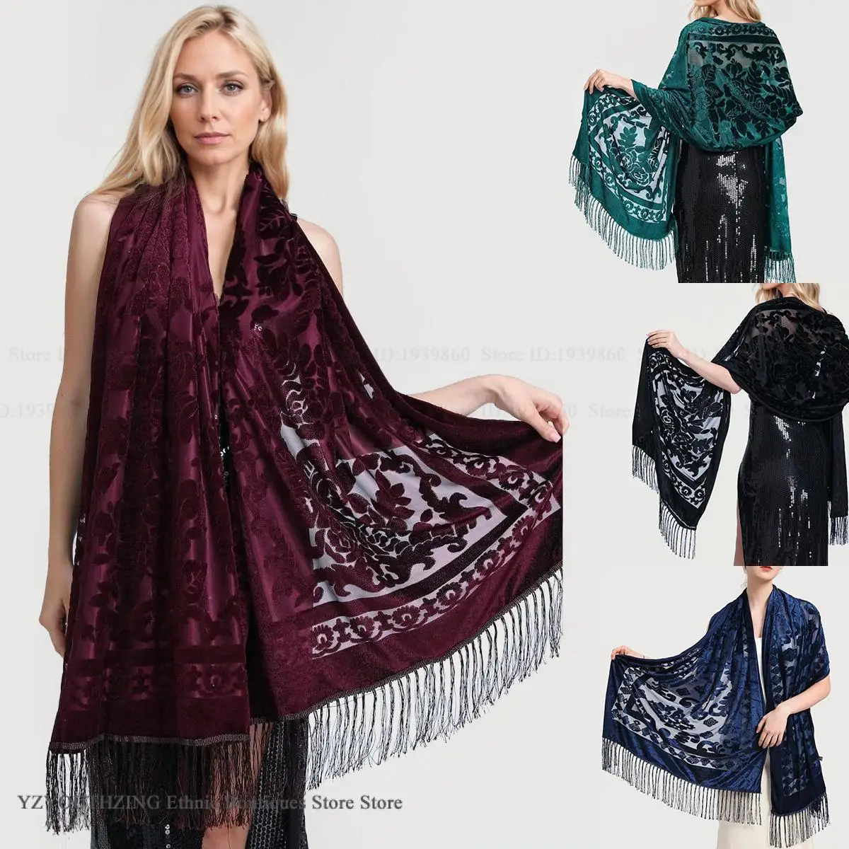 

Женский бархатный шарф, шаль, женские длинные жаккардовые шарфы, благородная шаль, осенне-весеннее пончо, роскошный плащ из пашмины с кисточками Bufanda