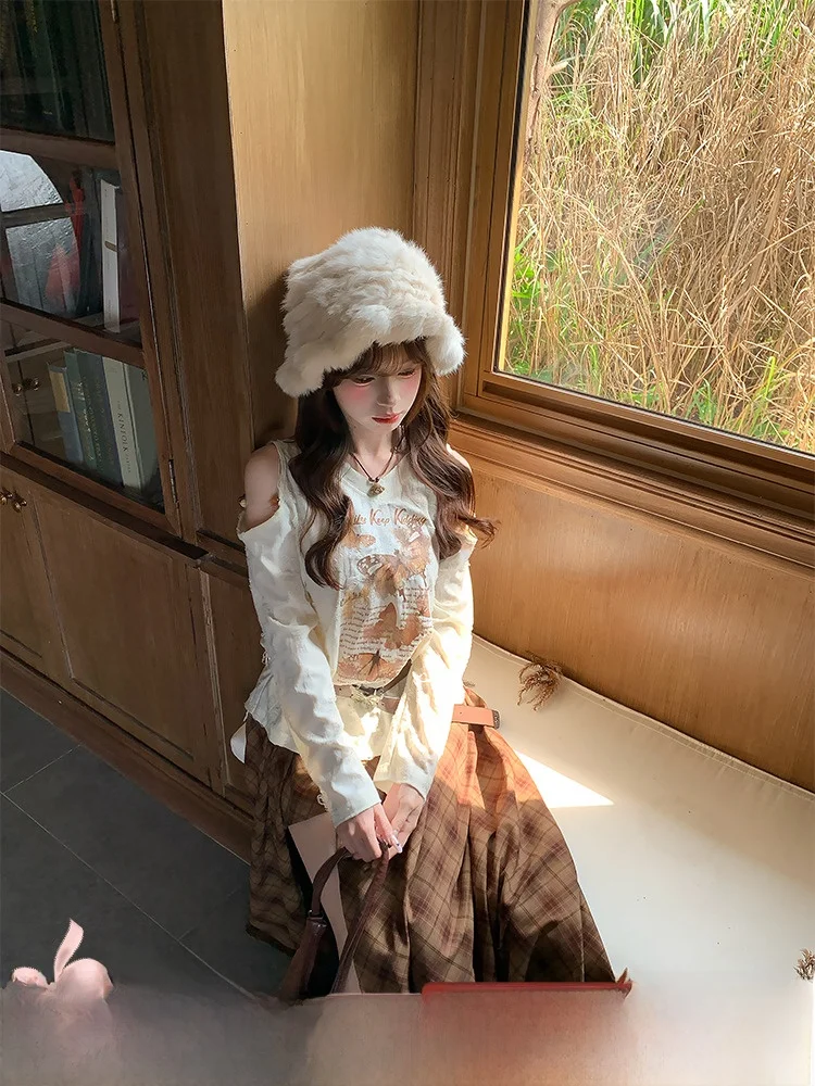 

Вязаный топ с колючками, женская футболка с осенним принтом, свободный крой, мягкое полиэфирное волокно, длинный круглый топ све