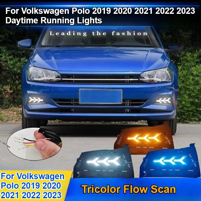 For Volkswagen Polo 2019 2020 2021 2022 2023 LED Daytime Running Lights Front Fog Lamp Yellow Streamer Steering DRL Daylights view 2