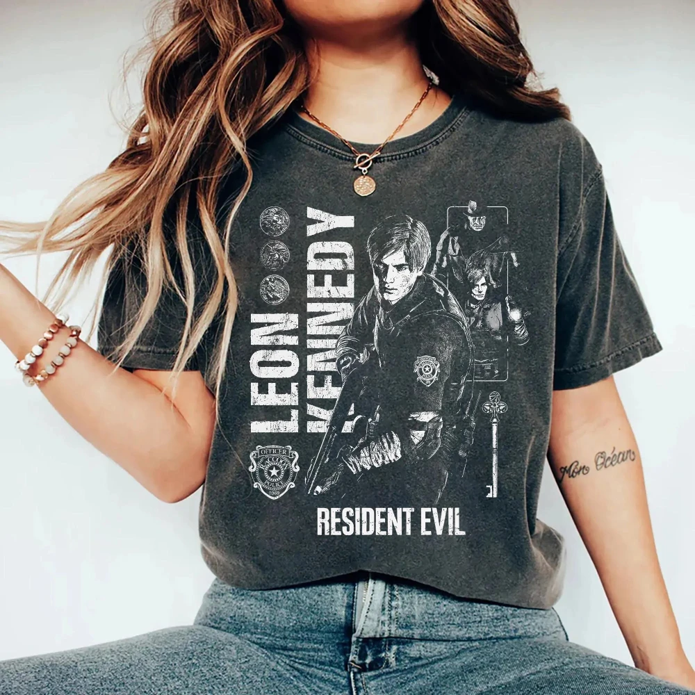 Resident Evil Leon Kennedy Shirt RPD Officer Retro Gamer Tee Survival Horror Fan Gift Tee Short Sleeve Women for Spring Summer