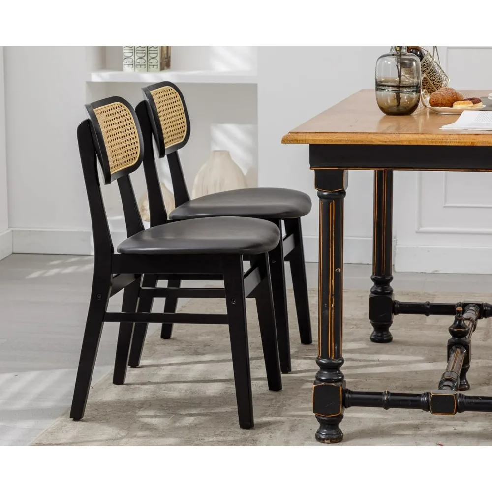 Mid Century Modern Rattan Chairs Set, 2 Curved Back Farmhouse Dining Chairs with Leather Seats for Kitchen