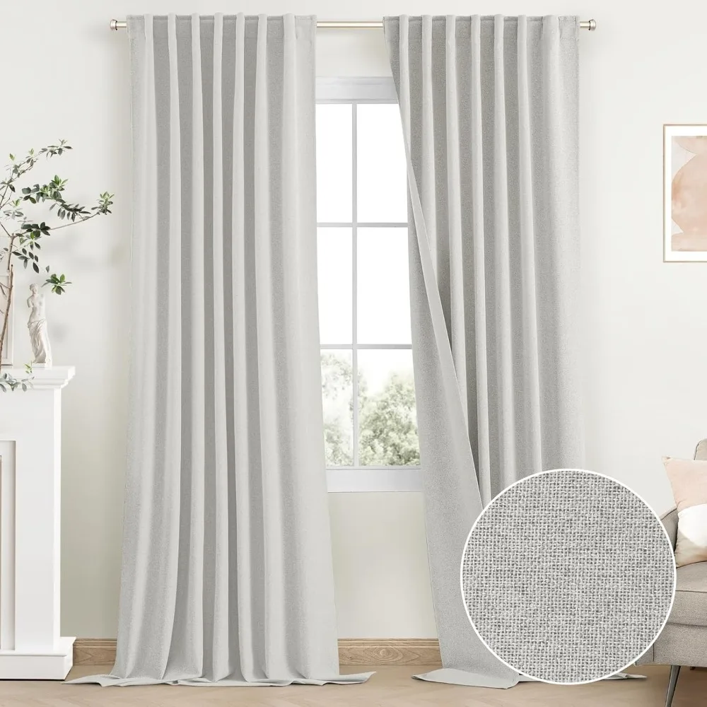 

White Linen 100% Blackout Curtains for Living Room, 84 Inch Long Farmhouse Back Label Bedroom Texture Curtains, 2 Panels