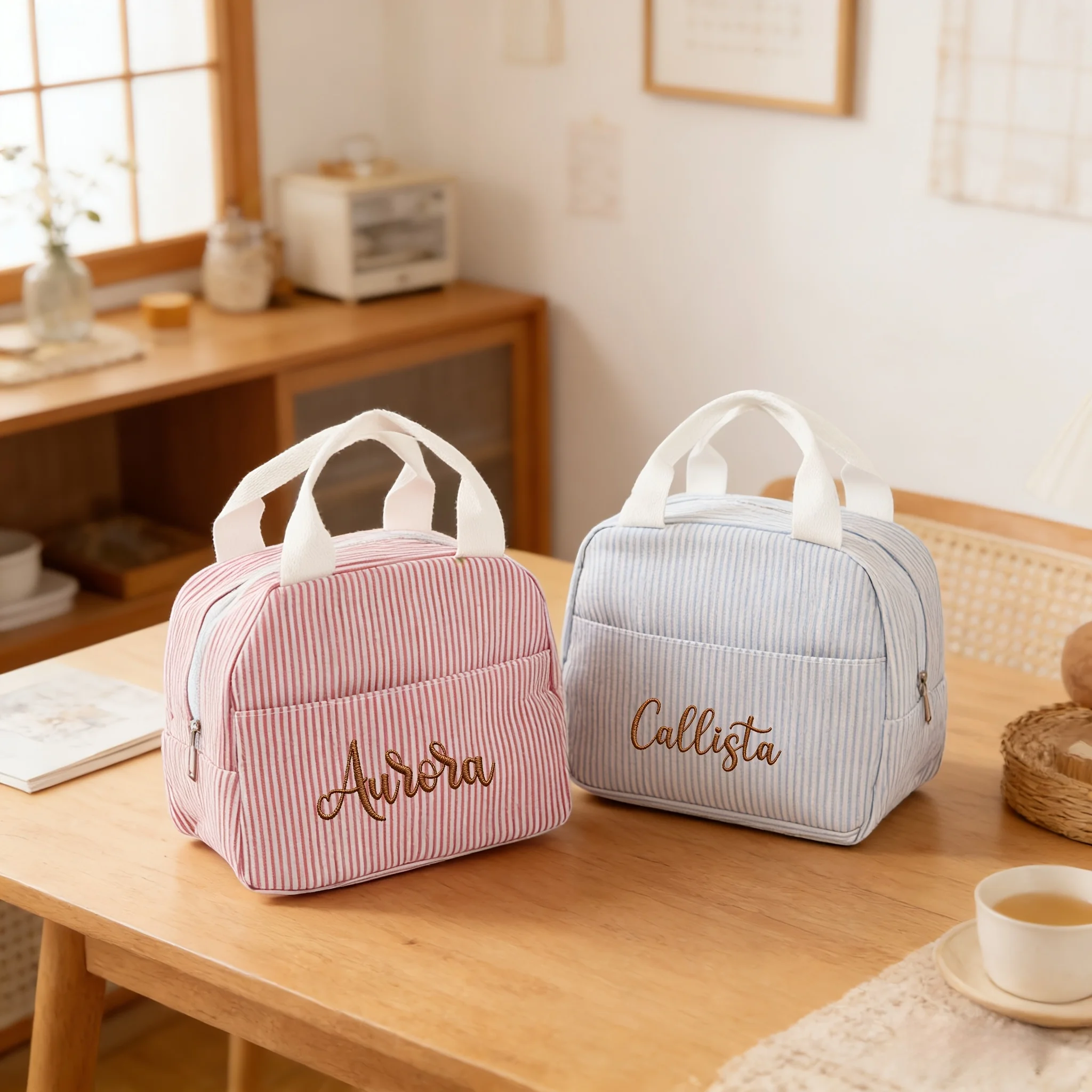 1pc Personalized Embroidered Name Lunch Bag, Striped Lunchbox Bag, Insulated Lunch Bag,Large Capacity Camping Insulated Bag
