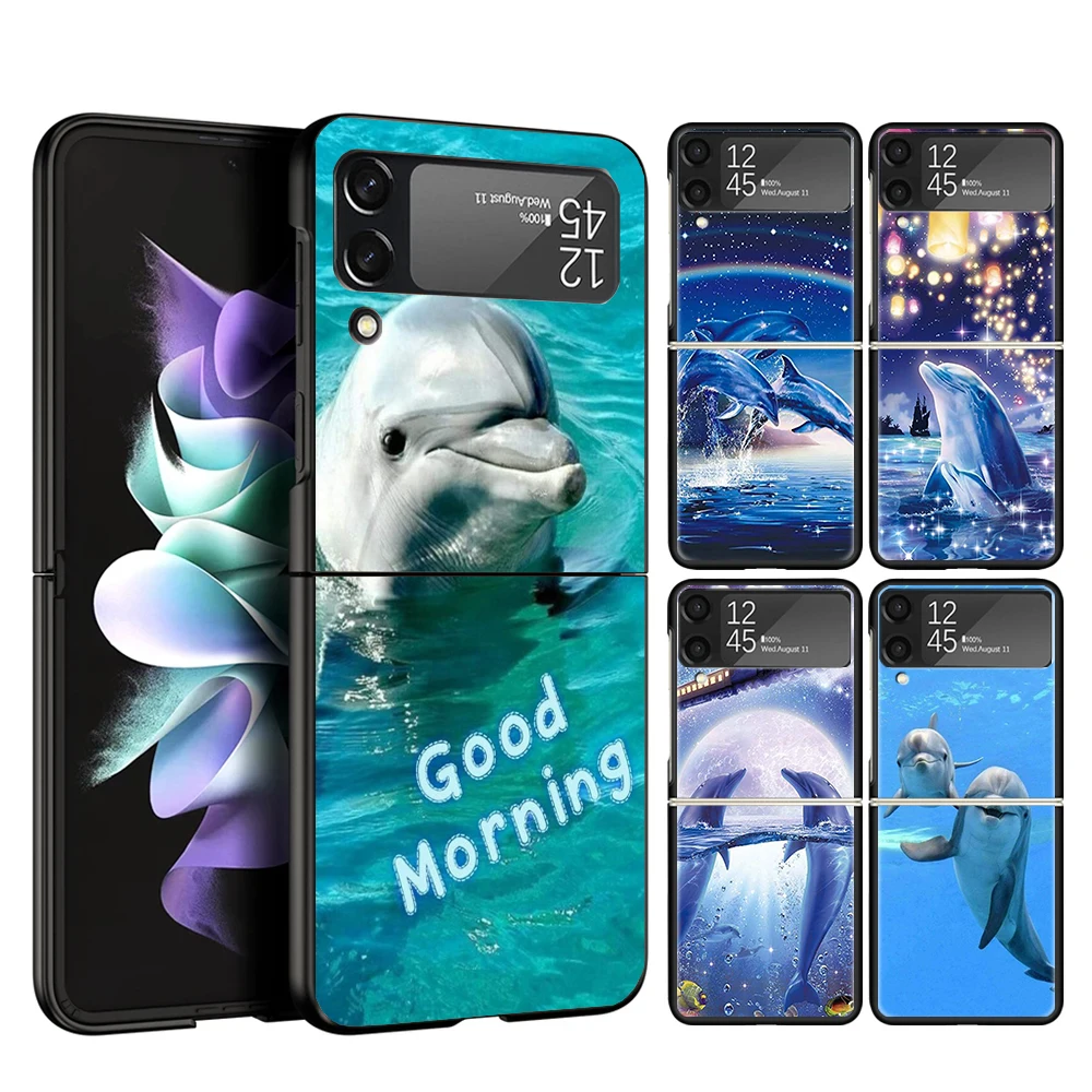 Ocean Animal Cute Dolphin Case Phone Cover for Samsung Galaxy Z Flip 6 5 4 3 5G ZFlip6 ZFlip5 ZFlip4 ZFlip3 Black Hard Trend Fun