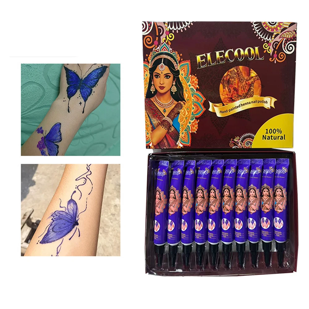 10PCS Natural Henna Cream Brown Henna Black Red Cyan Henna Cones Tattoo Cream for Temporary Tattoo Body Art