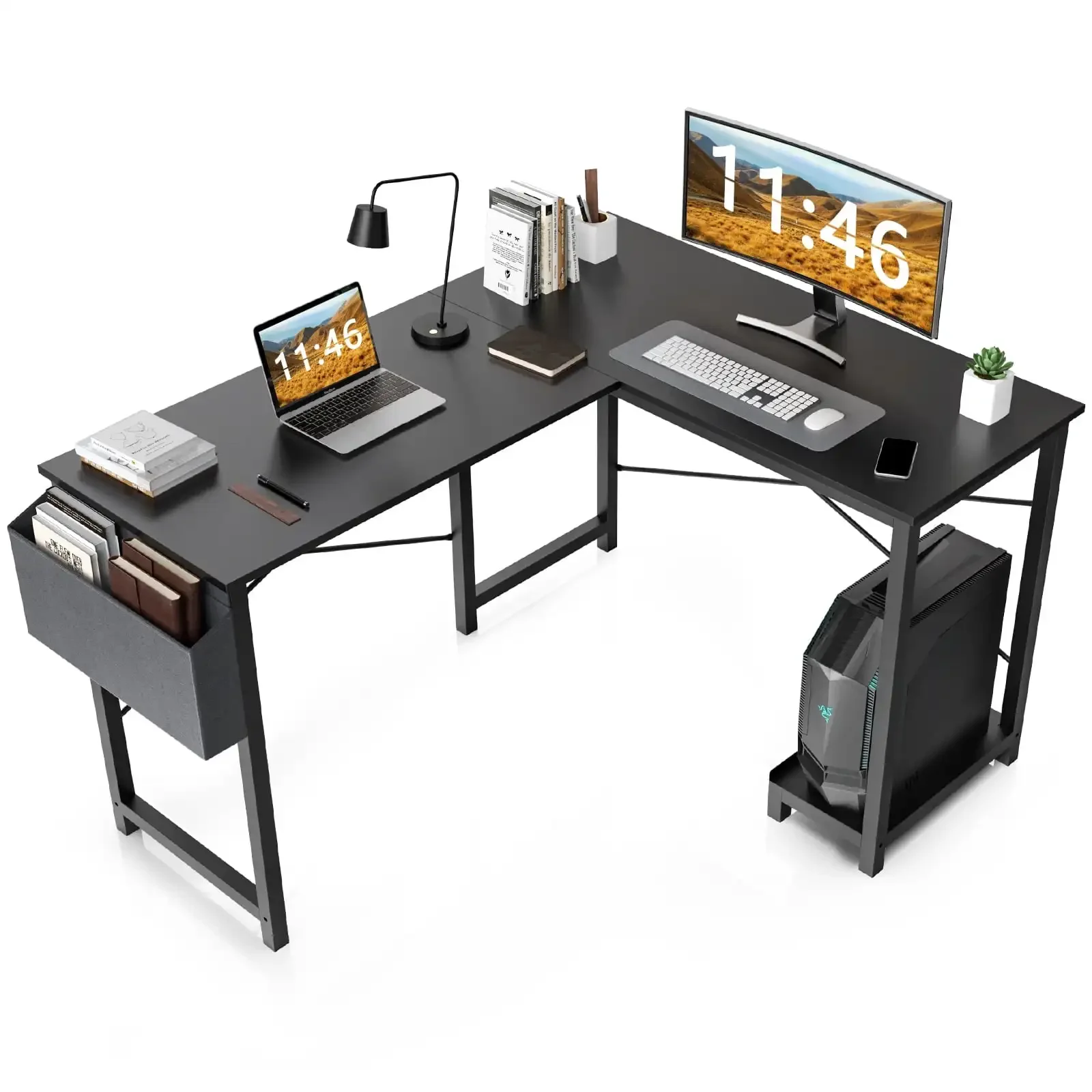 

L Shaped Computer Desk with Wooden Desktop CPU Stand Side Bag Reversible, Black