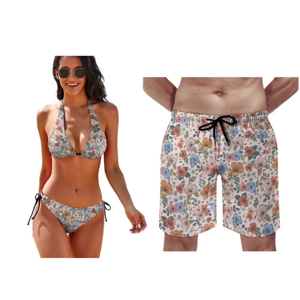 Customizable Patterned Beach Couple Outfits Summer Flower-Patterned Women's Bikini Sets Men's Beach Pants Essential For Summer