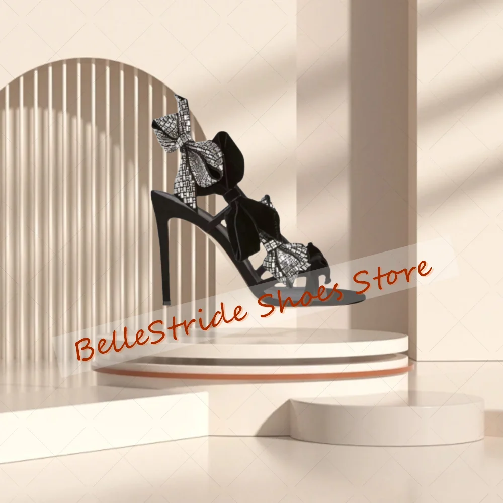 블랙 리본 장식 샌들 오픈토 패션 여성 슈즈 스틸레토 하이힐 파티 연회 데이트 2025 여성용 신발