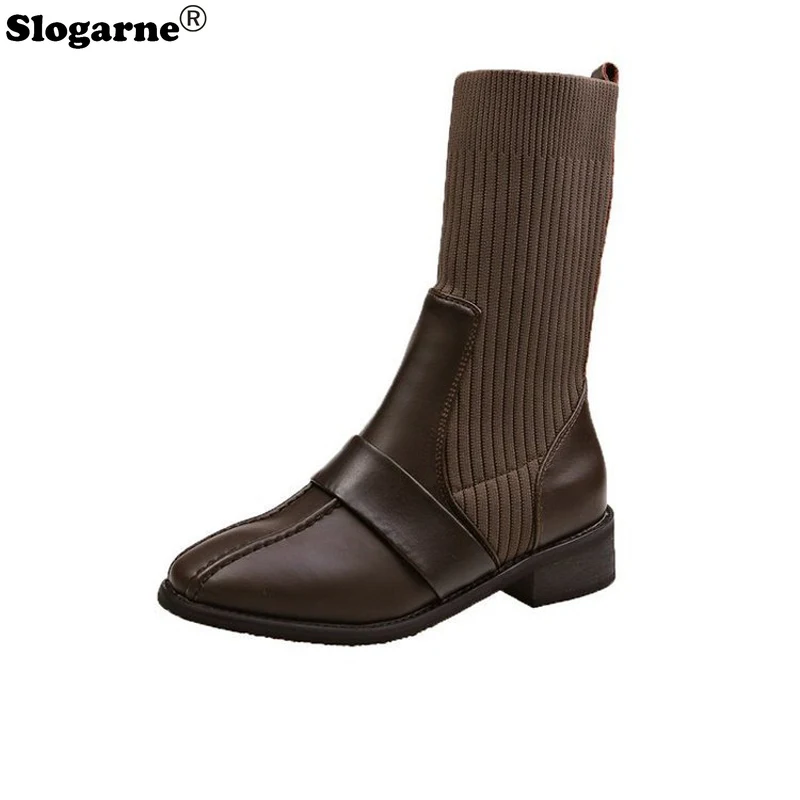 2025 Women Sexy Sock Boots Spring Shoes Korean Weave Middle Bottes Knitted Martin Boots High Quality Leather 4CM Heels Shoes