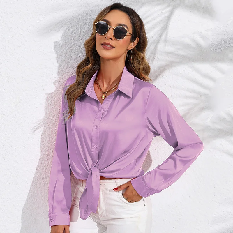 Women Satin Blouses Turn Soft Down Collar Shirts Office Lady Long Sleeve Casual Blouse Loose OL Shirt Baggy Tops Blusas 2024