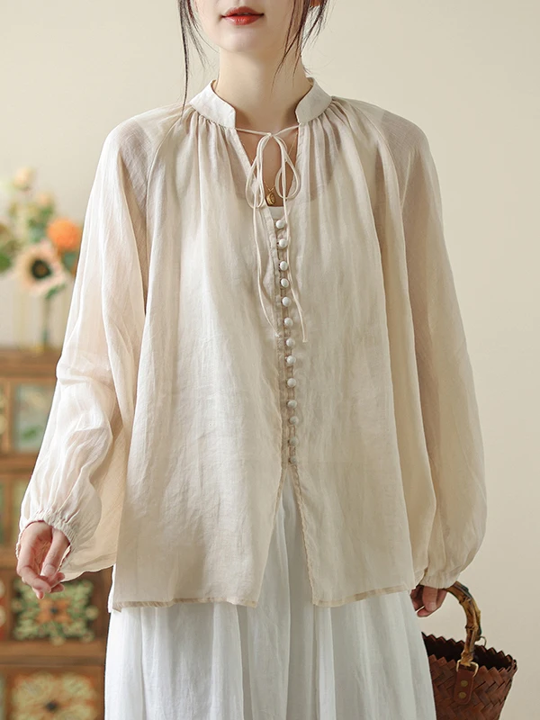 

Loose Cotton Linen Sun Protection Shirt Women's Design Lantern Sleeve Drawstring Casual Fashion Spring Autumn Color