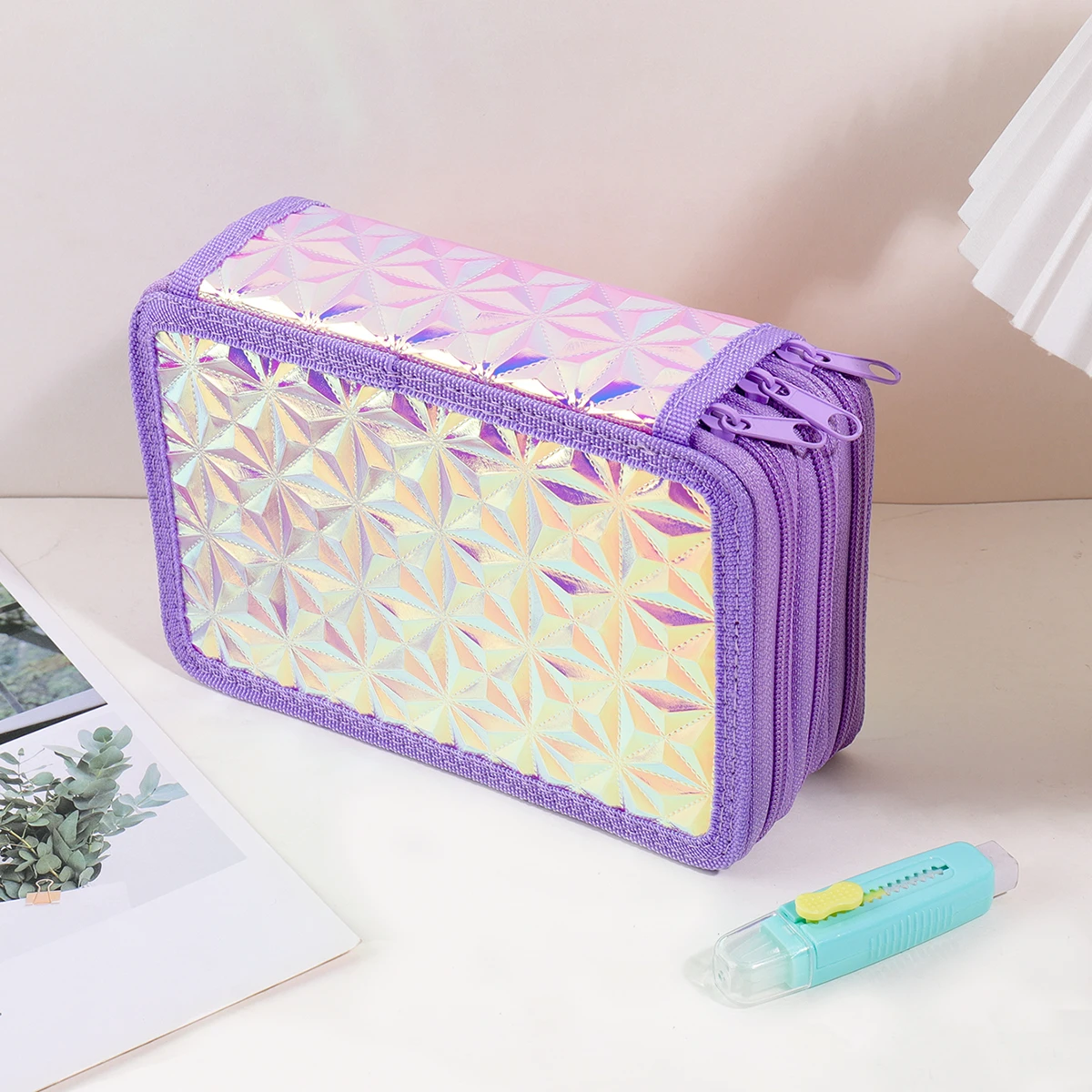 

Y2K Purple Holographic Diamond Pencil Case, 3 Layer 52 Slots Large Capacity Pencil Pouch for Girls School Art Supplies