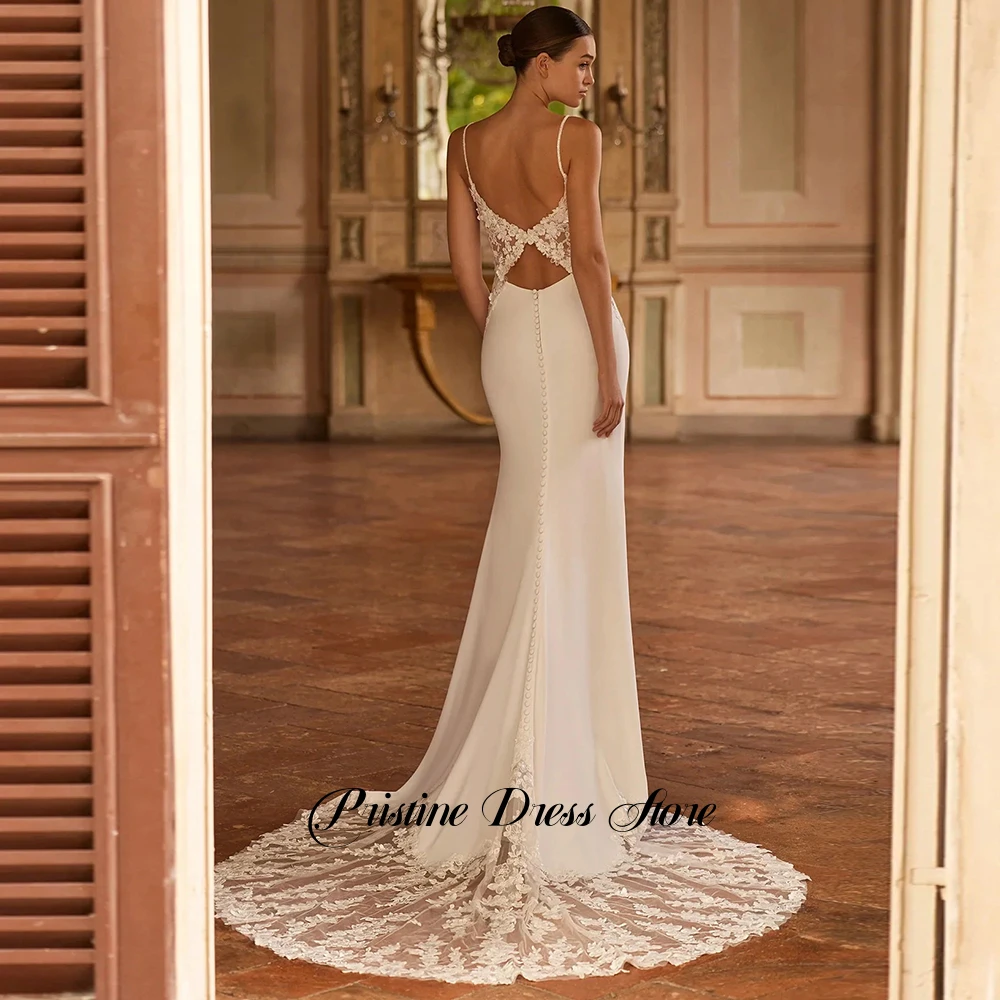 Exquisite Spaghetti Straps Mermaid Wedding Dress High Quality Jersey Square Collar Appliques Court Train Bridal Gown Customized