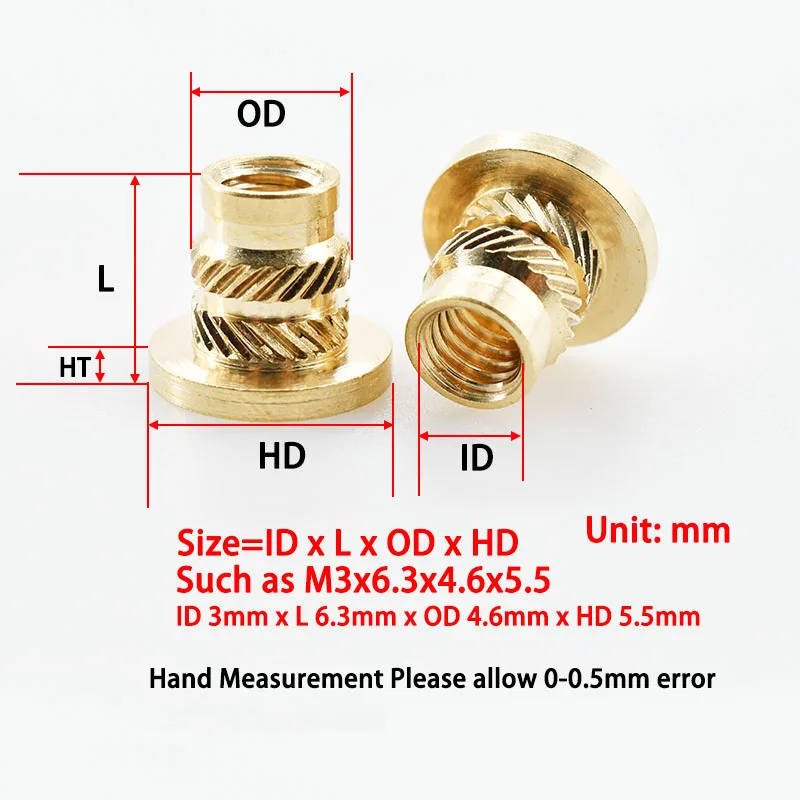 Brass Hot Melting Insert Knurled Flange Nut Thread Heating Molding Injection Embedment T-type Nuts Electrical M2 M3 M4 M5 M6 M8