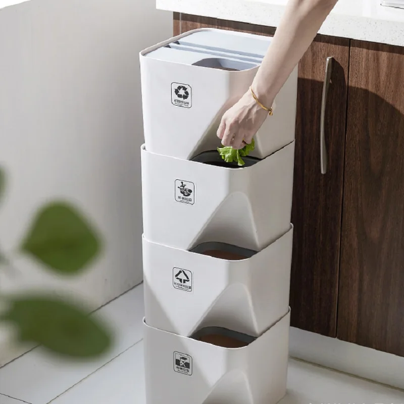 Waste Sorting Trash Can Household with Cover Living Room Kitchen Sorting Paper Basket Wet and Dry Separation Stack Plastic Trash