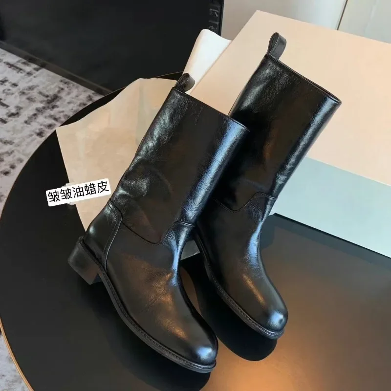 Nowość do połowy łydki Jesienna moda damska Botas Proste buty na płaskim obcasie Botki damskie Botki damskie w stylu brytyjskim Q326