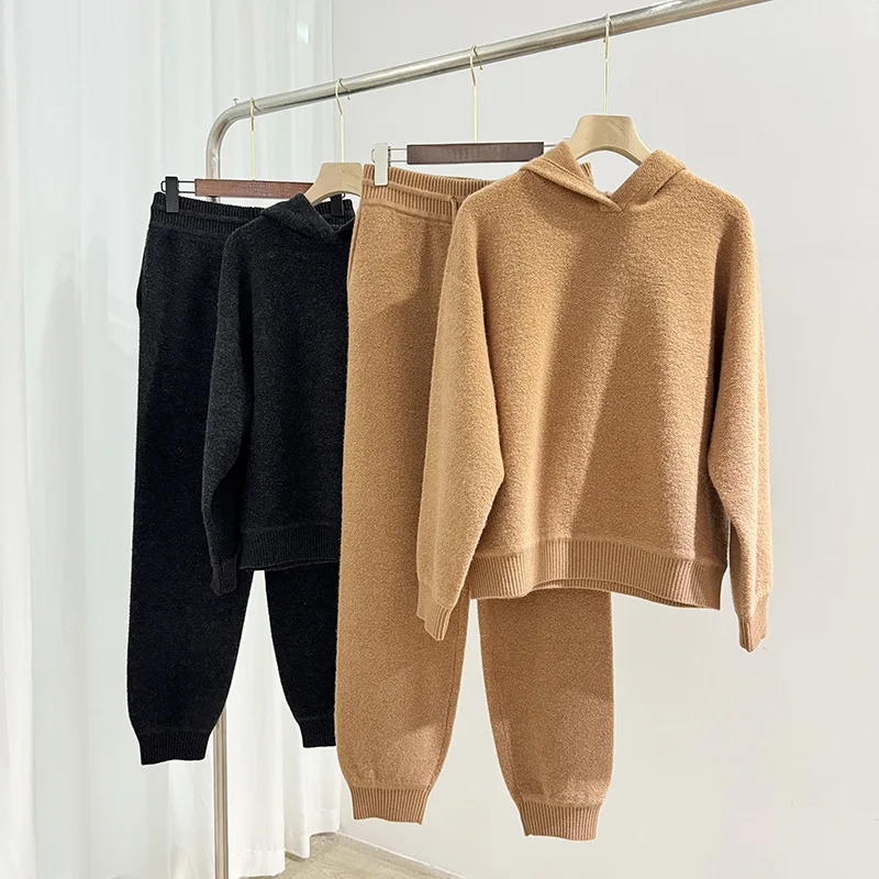 Autumn 2024 Women Solid Color Set Elastic Waist Long Pants and Long Sleeve Hooded Sweater Female Cashmere Wool Suit