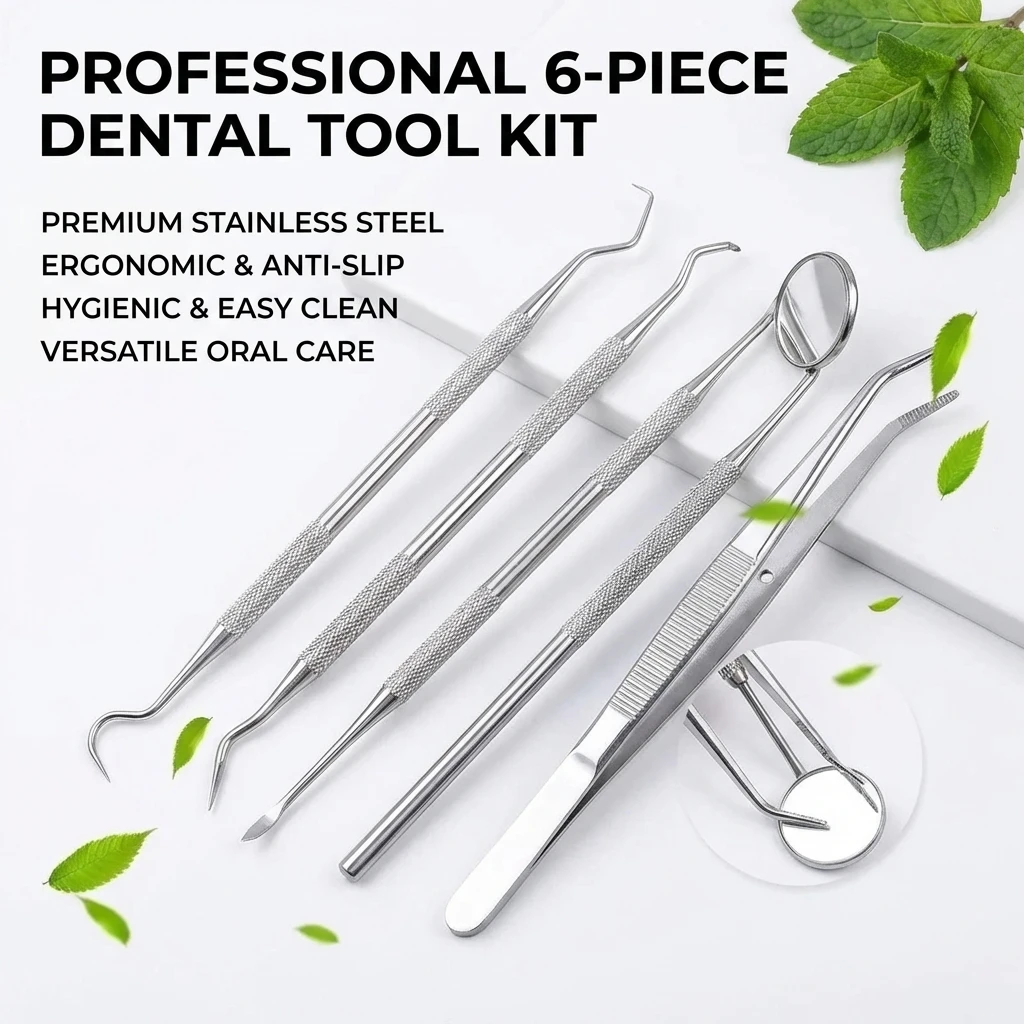6pcs/Set Stainless Steel Oral Tools Cleaning Flossing Tartar Removal Easy to Clean Not Easy to Break Dental Oral Mirror Care Kit