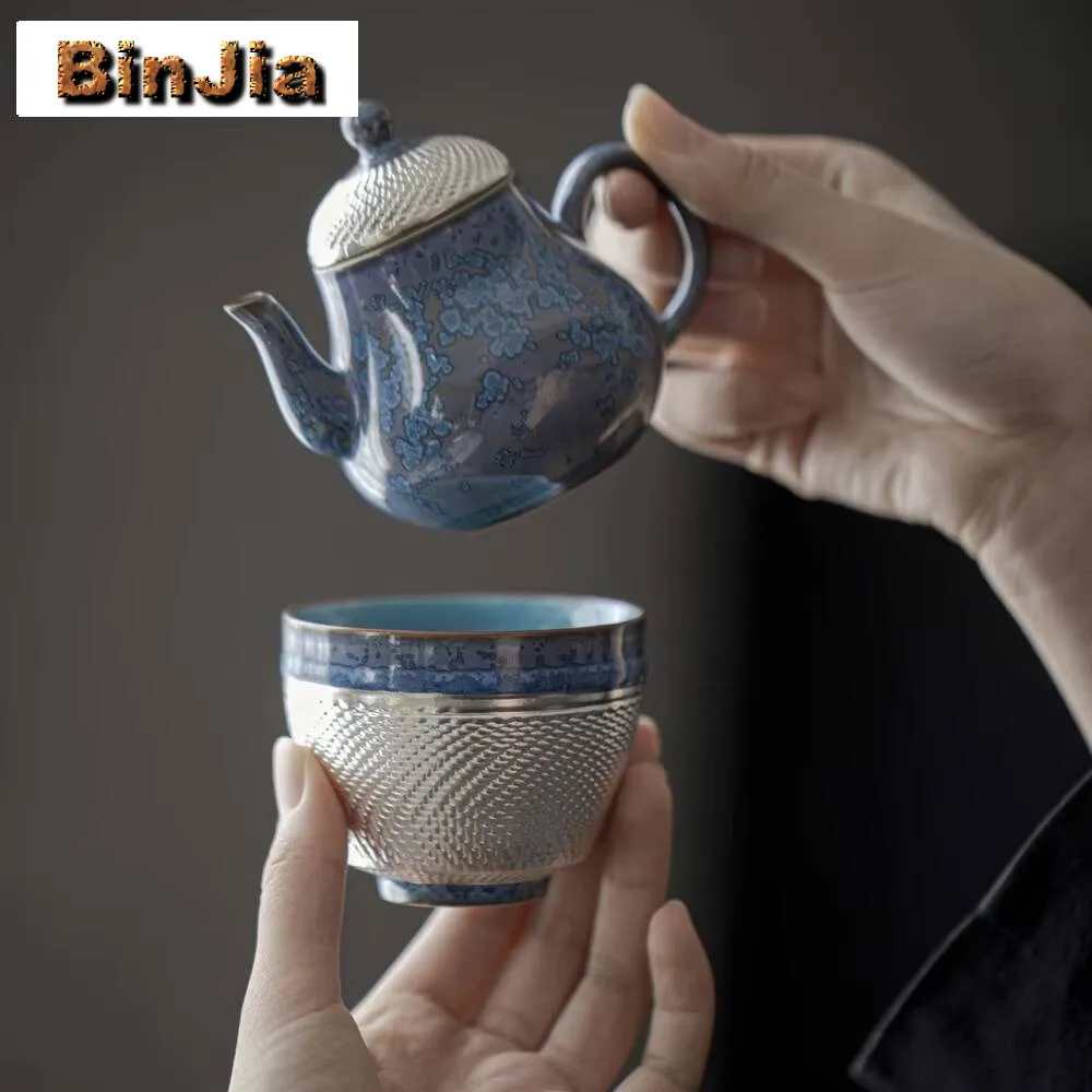 Gilt Silver Kiln Fambe Dark Blue Tea Set Complete Set Vintage Tea Ceremony Set Teapot And Tea Cup Set Chinese Tea Set Craft