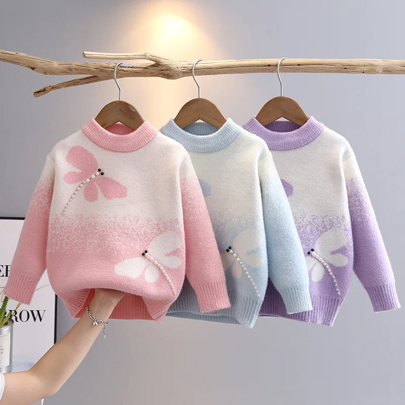 

New Fall Winter Cute Pearl Dragonfly Sweater Mix Color Girl Pullover Korean Style Round Neck Princess Sweaters for Girls HY08161