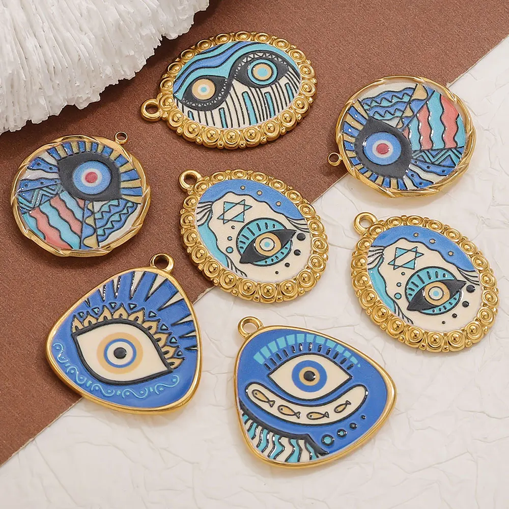 

3pcs Stainless Steel Blue Enamel Oval Round Devil Eye CharmsConnectors DIY Handmade Materials Necklace Jewelry Accessories Bohe