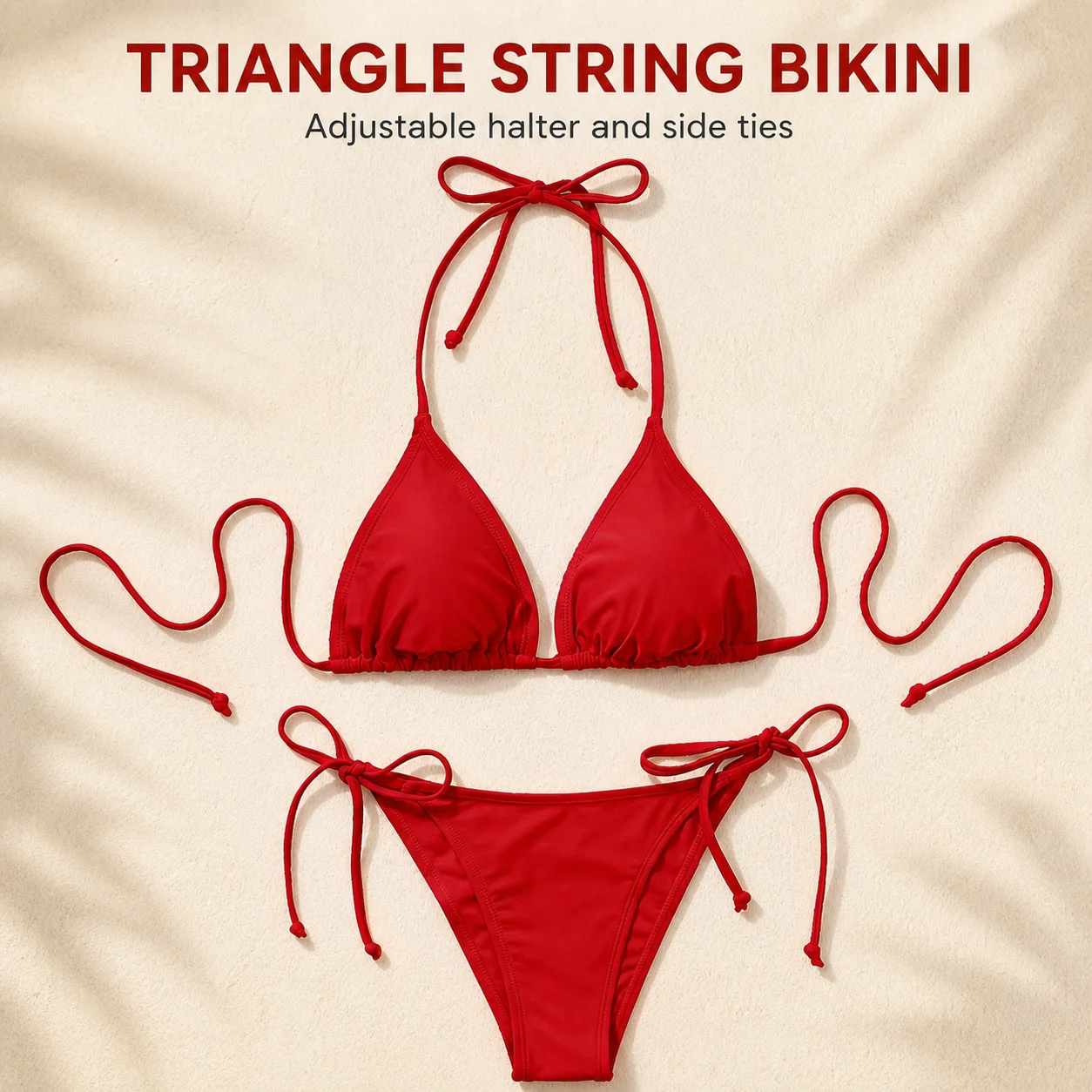 Women Solid Color Triangle Halter Bikini Set Adjustable Tie-Side Two Piece Wire-Free String Swimwear for Beach Vacation