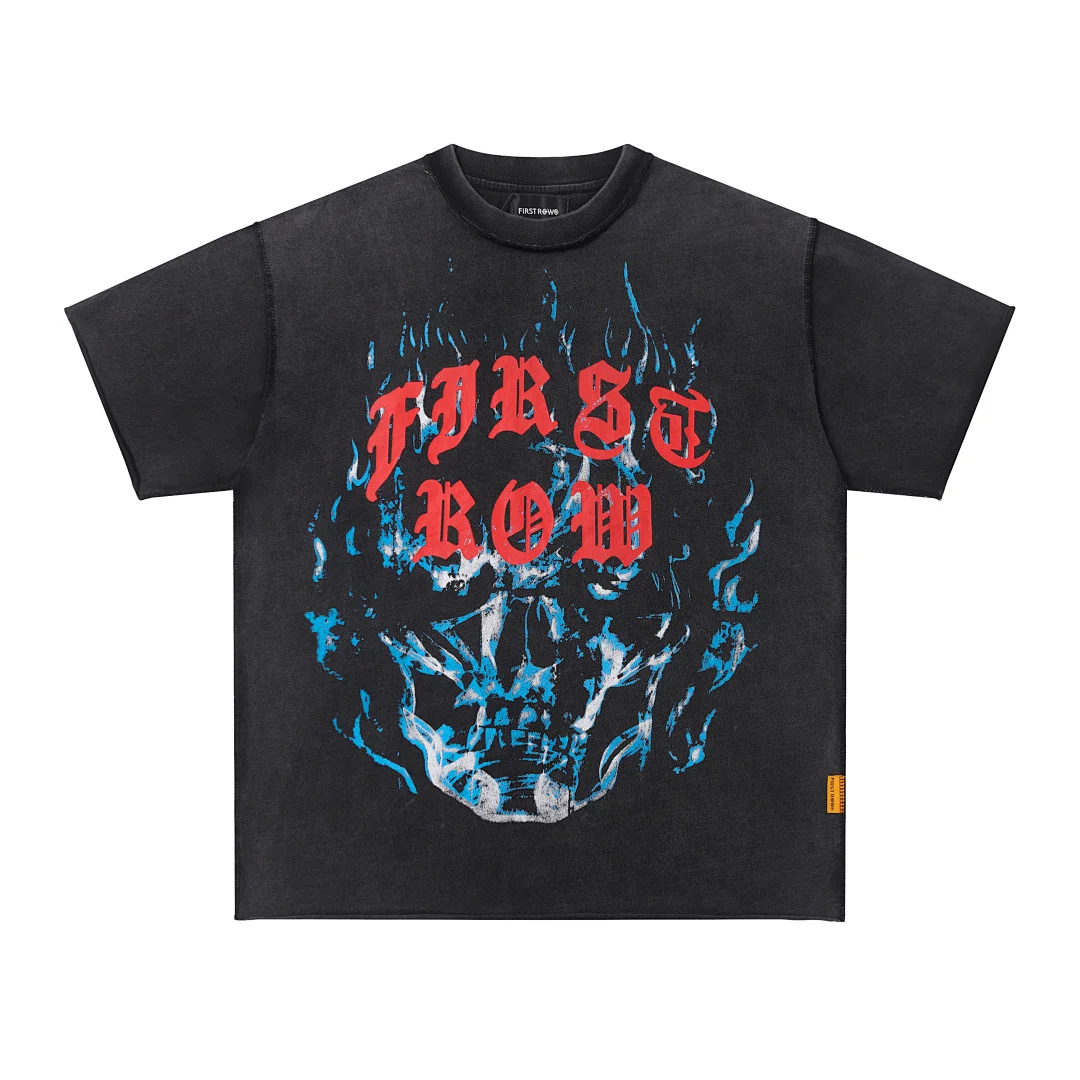Oversized Washed Black Vintage FIRST ROW T Shirt Blue Flame Skull Graphic Print Unisex Streetwear Cotton Short Sleeve Tops Tees