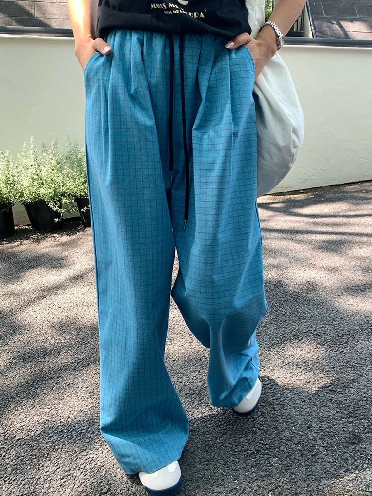 YERMORA Hoge elastische taille blauwe geruite trekkoord wijde pijpen broek voor vrouwen losse pasvorm nieuwe broek mode tij lente herfst 20