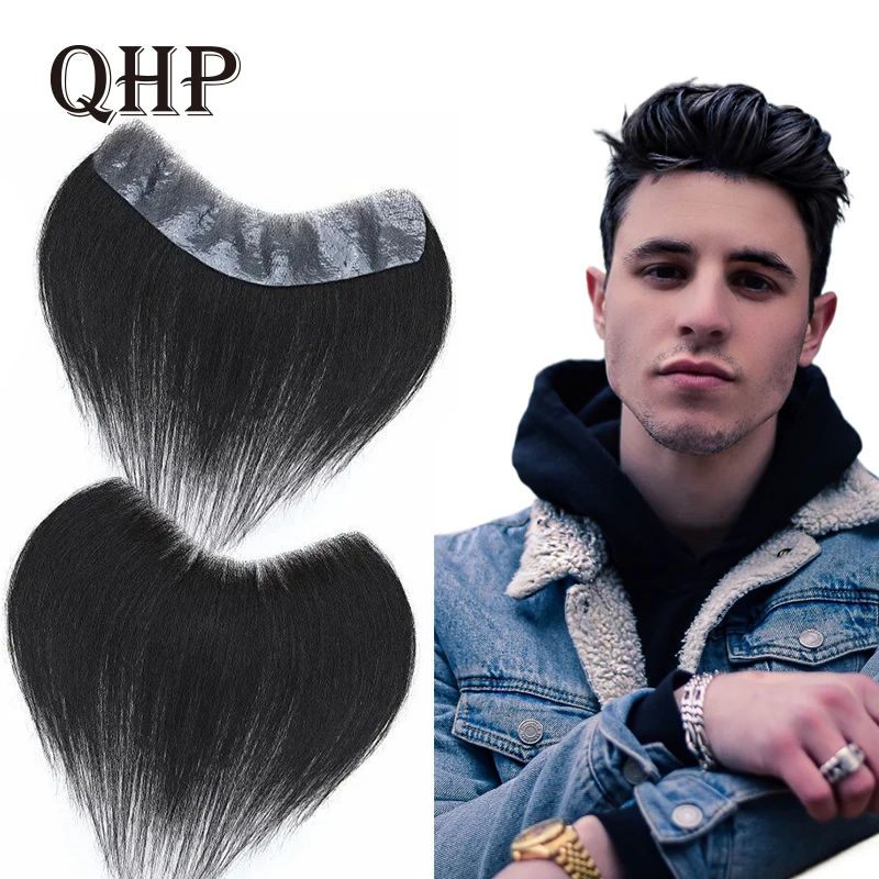 

QHP Men Hairline Toupee V-Shape Wigs For Men Real Human Hair Capillary Prosthesis Skin Mens Hairpieces Hair Replacement Systems