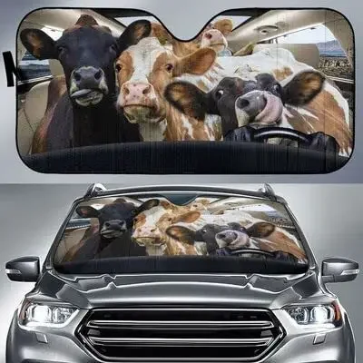 Funny Dairy Cow Family Left Hand Drive Car Sunshade for Farmer Gift, Dairy Cow Family Driving Auto Sun Shade, Gift for Cowboy Co