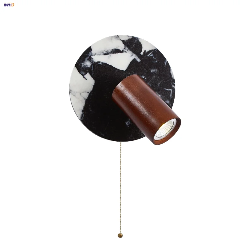 

IWHD Pull Chain Switch LED Wall Lights Hallway Restaurant Coffee Nordic Modern Wood Bulgari Stone Home Decor Wall Lamp Luminaire