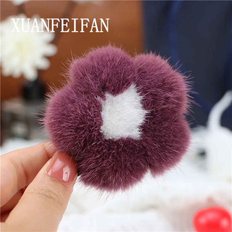 Mink Fur Flowers Five-Petal Flowers Fur Hair Clip Leather Band Hair Ring Cute Plush Head Rope Hair Ornaments Brooch Jewelry New