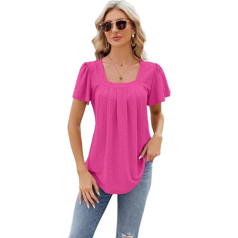 

Women's Summer Solid Color Square Collar Pleated Short Sleeve T-shirt Loose Comfortable Casual Hollow Jacquard T-shirt Top