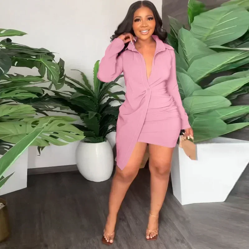 GUWU primavera manga larga cuello vuelto fruncido abrigo Mini vestido camisero mujeres elegante Clubwear fiesta blusa Irregular vestido estilo