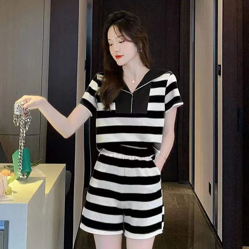 Conjuntos curtos femininos 2 peças moletom t camisa listras zip estilo coreano elegante promoção superior e inferior luz completa shorts femininos