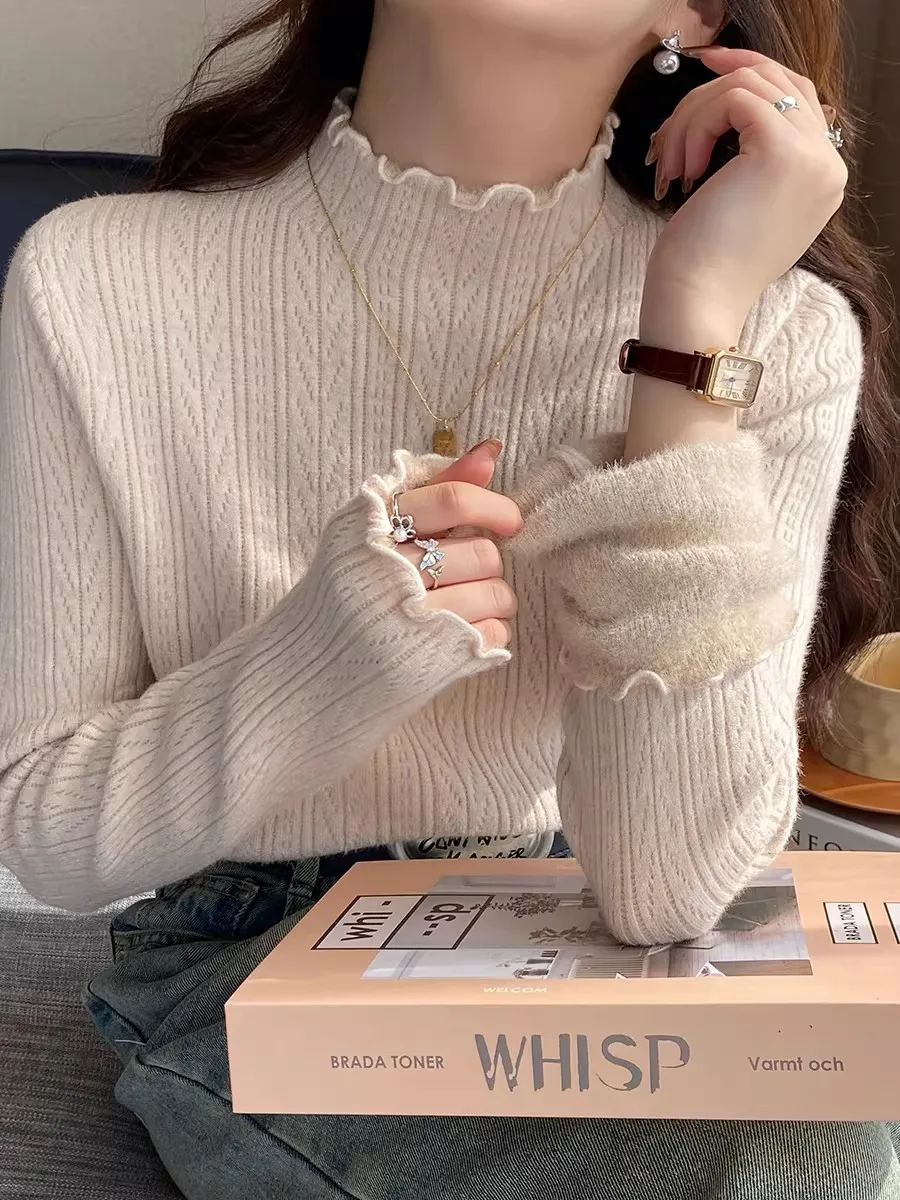 

Soft Fce Lined Thiened f High Collar Knitted Sweater Women's Winter Inner Wear Inteated Fce Base irt Top