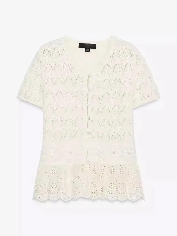 

Вязаный топ в романтическом стиле с вышивкой и ажурными элементами, сетчатая вязаная кофта с коротким рукавом, круглым вырезом, стандартной длины, рукава А-силуэта