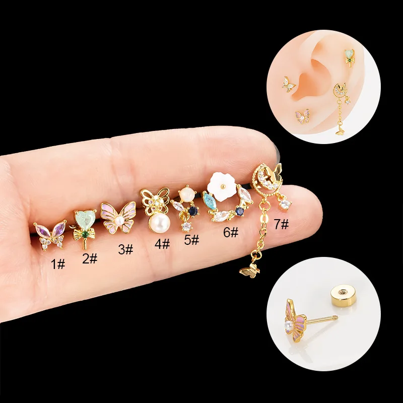 

1Piece Cute Zircon Flower Butterfly Stud Earring Mix Animal Shape Gold Color Steel Helix Bar Ear Cartilage Piercing Cuff Jewelry