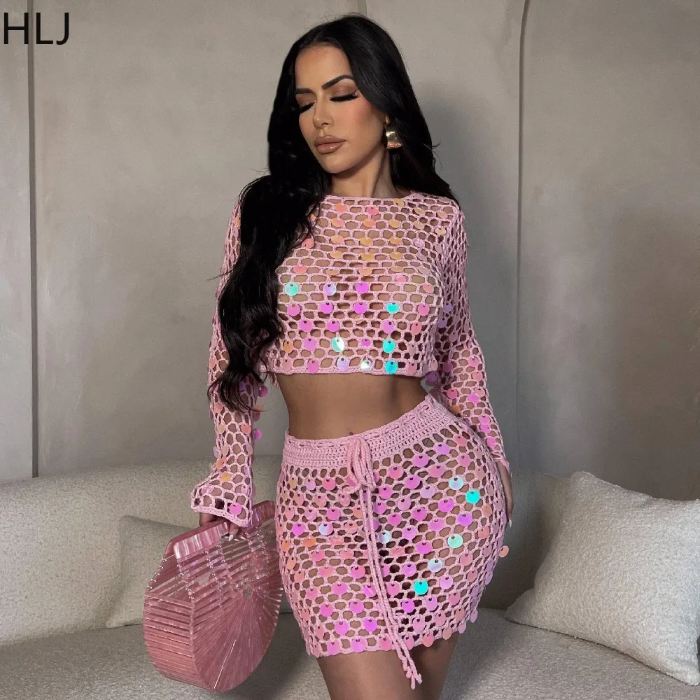 

HLJ Sexy Hollow Sequin Knitting Two Piece Sets Women Long Sleeve Crop Top And Mini Skirts Outfits Fashion Holiday Beach Clothing