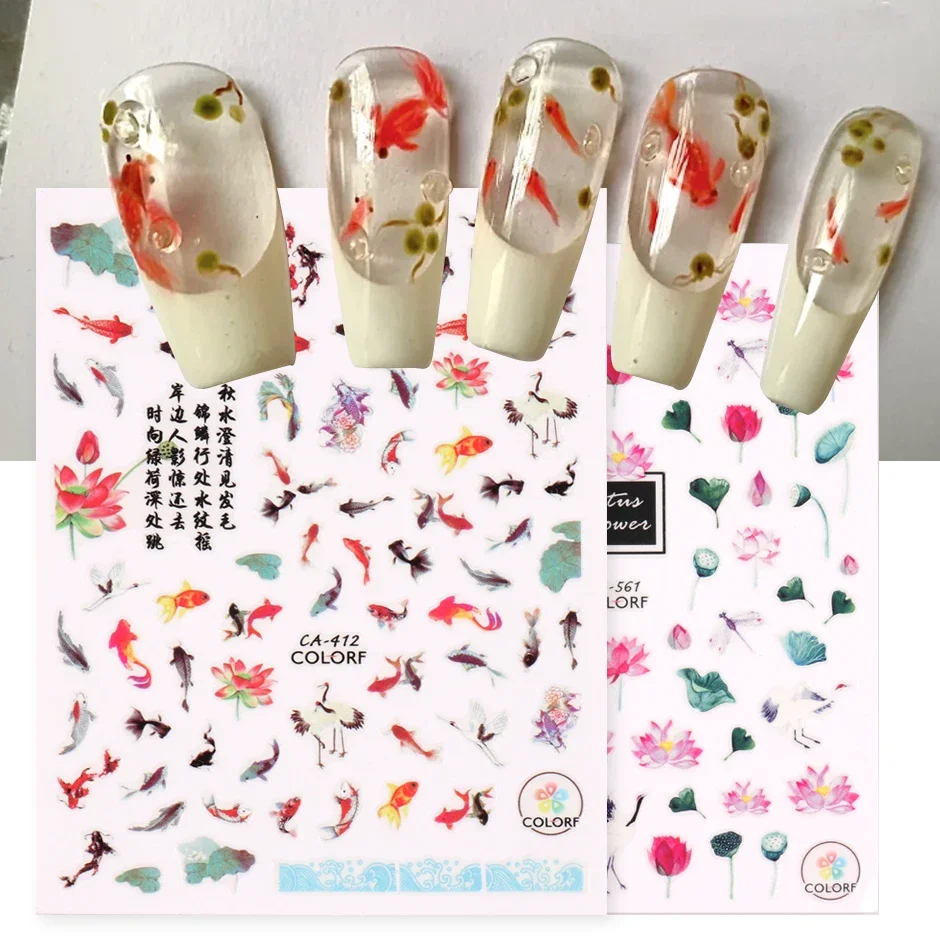 3D Lucky Koi Carp Nail Design Gold Fish Lotus Chinese Style New Year Adhesive Sticker Scape Watercolor Manicure Foils Decal LYCA