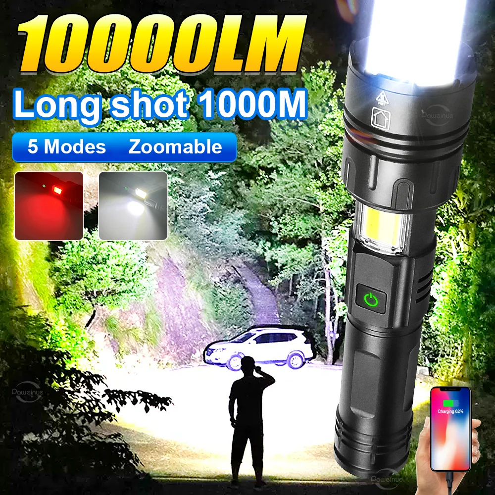 XHP70 Powerful Led COB Flashlight High Power Torch Light 10000 Lumen USB Rechargeable Tactical Flashlight 26650 Camping Lamp