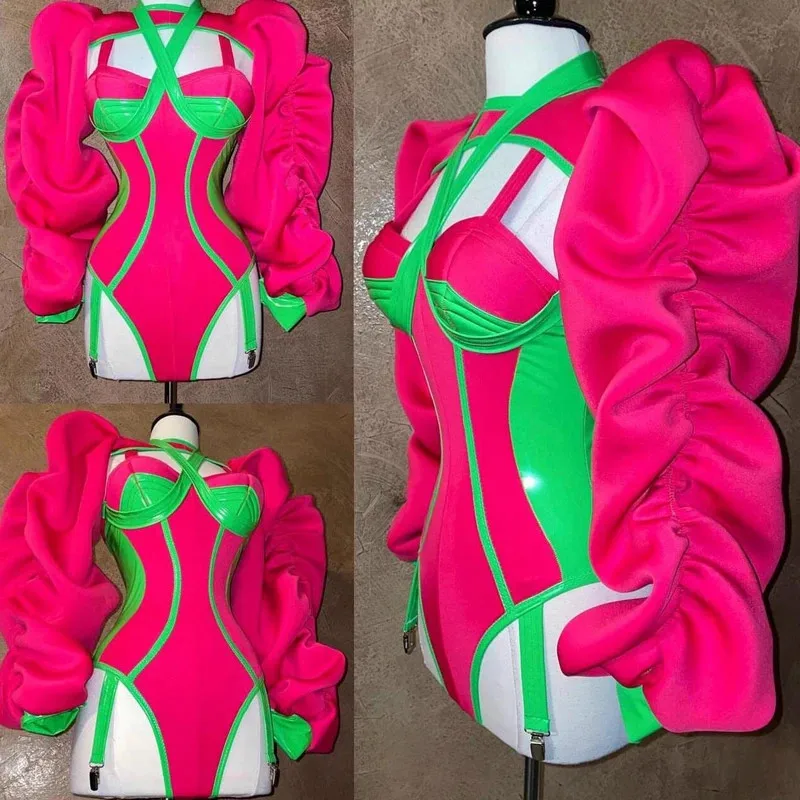 Roze Groene Splicing Kleur Bodysuit Bubble Mouw Top Drag Queen Dance Kostuum Nachtclub Bar Vrouwen Singer Performance Rave Outfit