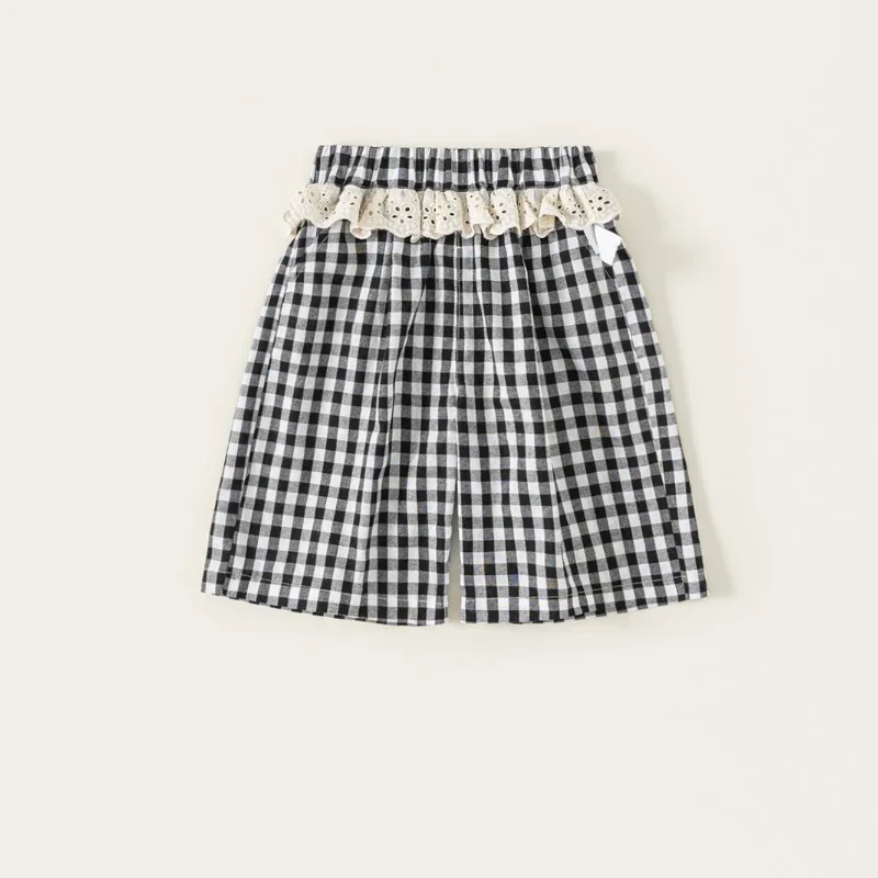 

2025 New Summer Children's Cow Tendon Waist Lace Black and White Checkered Casual Shorts
