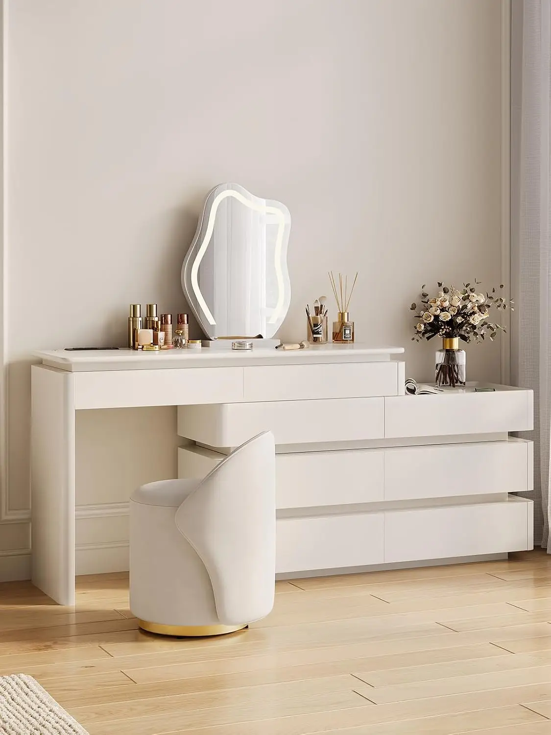 Retractable L-Shaped Smart Makeup Vanity with LED Lighted Mirror, Built-in Charging Station, Touch Dimmable Lights, White Dressi