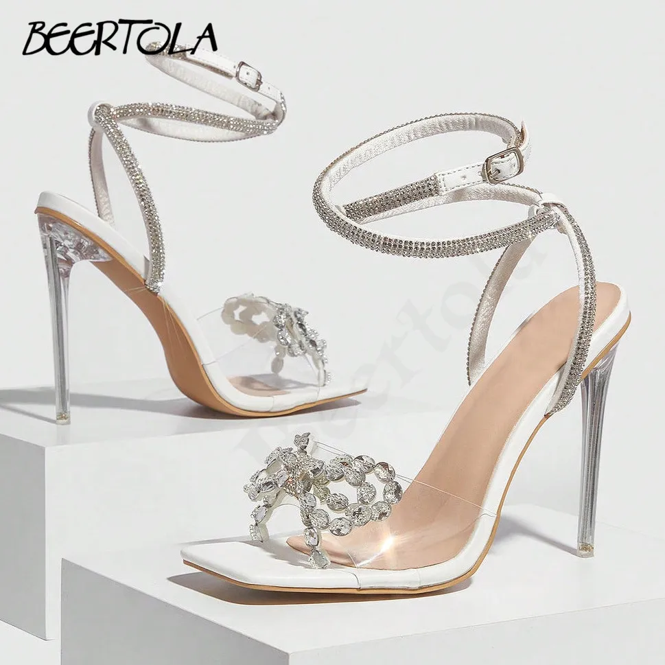 Women's Crystal Bow Sandals Square Toe Stiletto Heels Crystal Transparent Sandals Fashionable Temperament Women's Shoes