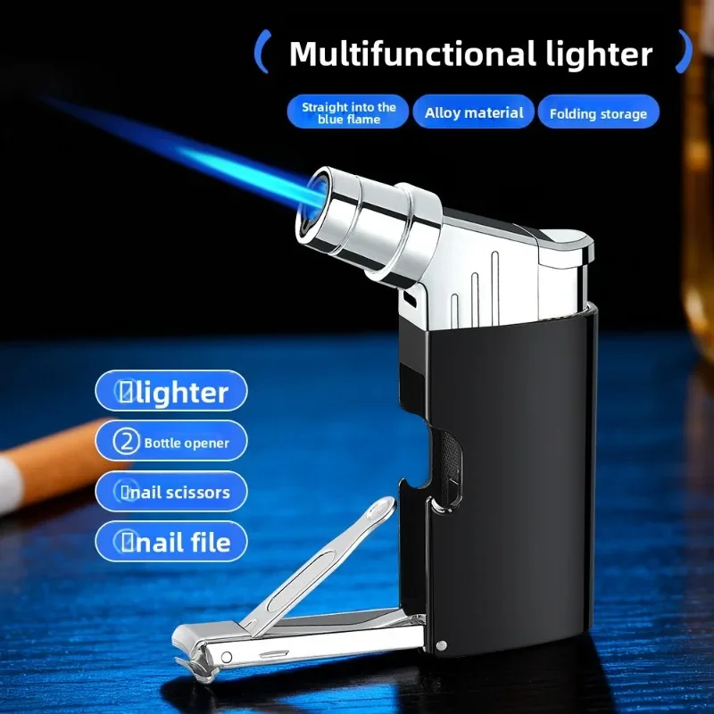Multi Functional Nail Clippers Bottle Opener Direct Charging Inflatable Lighter Blue Flame Portable Ignition Tool Men's Gift