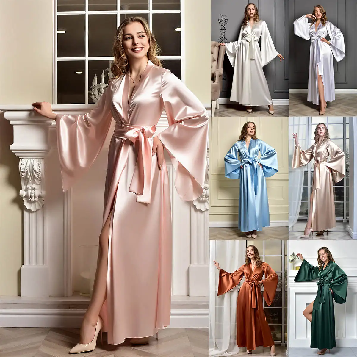 

Elegant Women’s Pajamas V-Neck Silk Satin Robes Bridesmaid Bride Robes Wedding Long Robe Bathrobe plus size customized