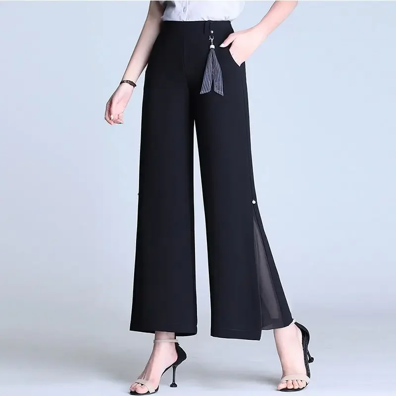 

Women Summer Chiffon High Waist Elastic Wide Leg Pants Fashion Split Crop Pants Casual Breathable Versatile Thin Suit Pants J243